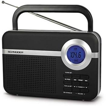 SCHENEIDER Radio Digital Handy Negro · Sintonizador FM: Digital 10 memorias · Pantalla Azul con retroiluminación LCD · Alarma: Alarma Tradicional o Radio