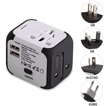 Cargador de Viaje Universal Enchufe de Viaje Adaptador con Dos Puertos USB para US EU UK AU acerca de 150 Países y Seguridad de Fusibles para Tableta PC,Smartphones Cámaras Digitales, Reproductores de MP3 - Milool