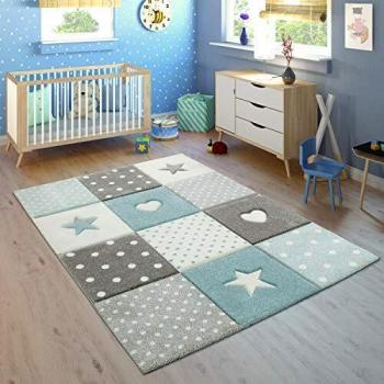 Alfombra Infantil Cuadros Puntos Corazones Estrellas Pastel Azul Gris 120x170 cm