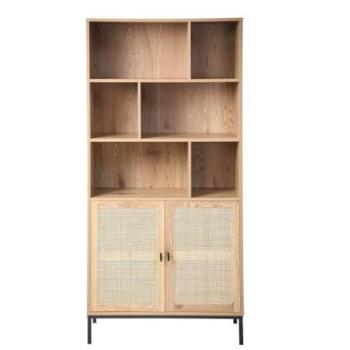Librería Calicosy de 6 Compartimentos y 2 Puertas en Efecto Madera y Ratán Natural - H175cm