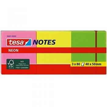 Notas adhesivas TESA Neon, 40 x 50 mm, mix de colores (Rosa, Amarillo, Verde), 240 hojas (3 x 80)