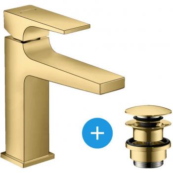 Mezclador de lavabo Hansgrohe Metropol 110 con manija, desagüe Push-Open, acabado dorado pulido