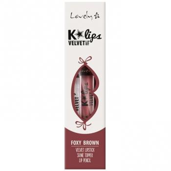 Set Labial K'Lips Velvet - Labial Mate + Perfilador + Brillo - Lovely Set Labial K'Lips Velvet N2 Foxy Brown