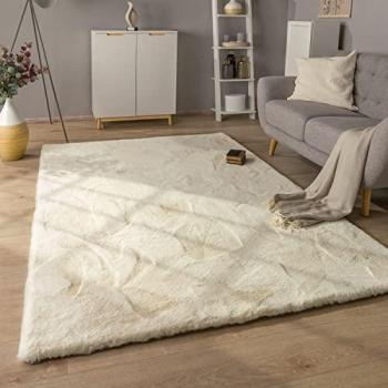 Alfombra Salón Pelo Largo Shaggy Imitación Piel Conejo Suave Ø 120 cm Color Crema