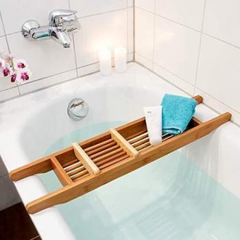 Caddy de Bañera de Bambú con Jabón Ajustable, 6.5 x 69 x 14 cm, Color Marrón Natural