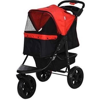 Pawhut Cochecito para Mascotas Plegable Carritos para Perros con 3 Ruedas Puerta Ventanas de Malla Cesta de Almacenaje y Correas de Seguridad Marco Acero 109,5x54,5x106,5 cm Rojo