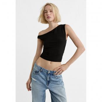 Asymmetrical Black Gathered Crop Top XS
