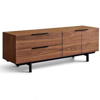 Mueble TV moderno 165 cm con 4 puertas de nogal y patas de acero negro Kalia
