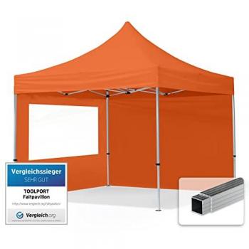 Carpa Plegable Toolport 3x3m con laterales de ventanas panorámicas, estructura de aluminio de 32mm, tejido repelente al agua, color naranja