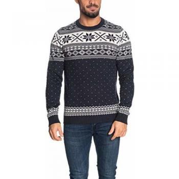 Selected - Jersey de Cuello Redondo para Hombre, Estampado de Invierno, Color Azul Marino/Blanco Turquesa M