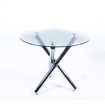 Mesa de Comedor Redonda de Cristal con Pie de Tubos Cromados - 90 cm Diámetro, 75 cm Altura