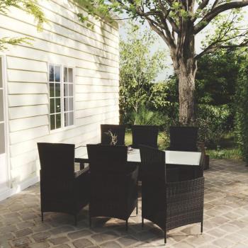 Juego de comedor de jardín 7 piezas con almohadas de Polyrattan negro