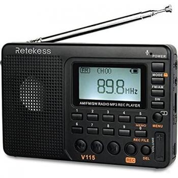 Retekess V115 Radio Portátil Am FM SW Radio de Onda Corta, con Reproductor MP3, Radio de Bolsillo, Grabación, Tiempo de Sueño, Estaciones de Tienda, Batería Recargable
