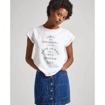 Camiseta de mujer Pepe Jeans Hattie cuello redondo con logo estampado, manga corta, colores blanco, negro y rojo, talla XS
