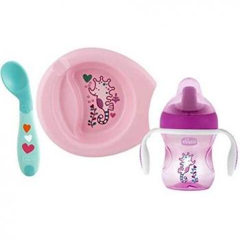 Chicco - Set completo comida, incluye plato + cubiertos + vaso, 6 m+, rosa
