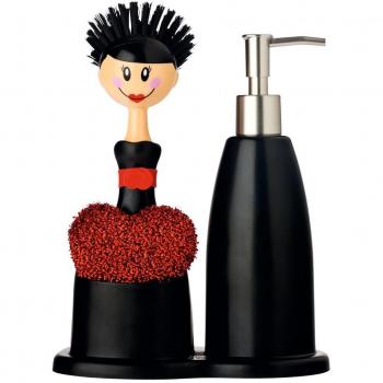 Vigar Dolls - Set fregadero con dispensador de jabón, estropajo en forma de corazón y cepillo para lavar los platos, plástico, color negro y rojo