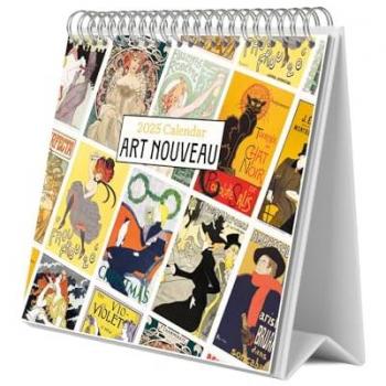 Calendario de Escritorio 2025 Art Nouveau Multicolor con base resistente, planificador mensual y espacio para anotar, vista mensual global