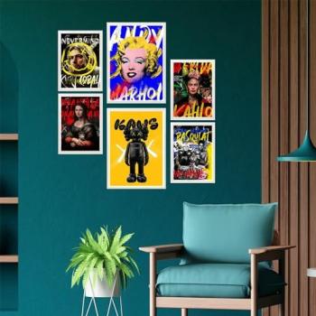 Set de 6 Pósters Grafiti Pop - Marilyn, Kurt Cobain, Frida Kahlo, Mona Lisa y Basquiat - Decoración de Paredes A3 y A4 Sin Marco