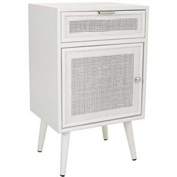 Mesita de Noche Wanderlust Deco de Madera y Rejilla en Blanco con 1 Cajón y 1 Puerta - Estilo Moderno, dimensiones 42x36.5x71 cm
