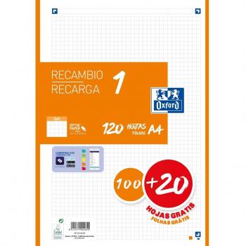 Recambio Oxford A4 120 hojas (100+20 gratis) 90g/m² cuadrícula 5x5 con 4 taladros y banda de color naranja