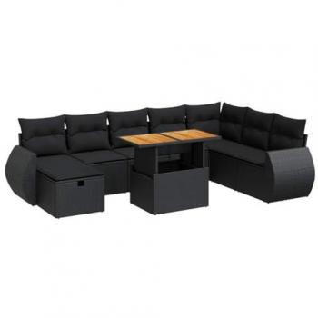 Set de Sofás de Jardín y Cojines 9 Piezas Ratán Sintético Acacia Negro