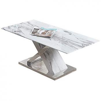 Mesa de Centro de Cristal Blanco 40x110x60cm con Estructura de Acero y Acabado en Mármol