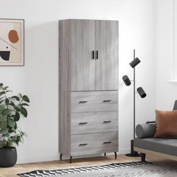 Aparador Alto Moderno Grigio Sonoma 69,5x34x180 cm con 3 Cajones y Puertas de Madera Multistrato