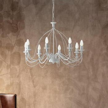 Araña de luces de hierro blanco shabby con ocho luces, dimensiones 75x h49 cm
