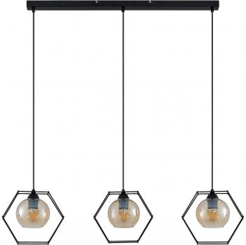 Lámpara colgante Lindby Dajanira, 3 luces, ámbar, estilo vintage, color negro, material metal, tipo de lámpara E27, adecuada para salón y comedor