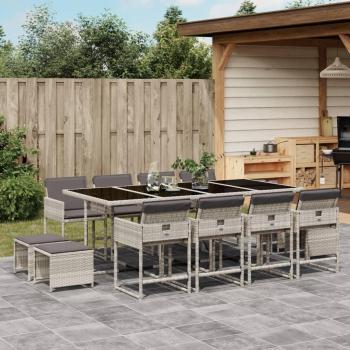 Set comedor jardín 13 pzas ratán sintético gris claro con cojines