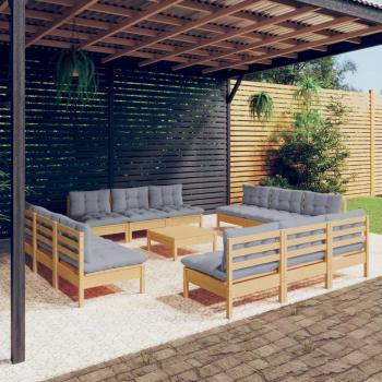 13-Piece Pinewood Garden Sofa Set with Grey Cushions