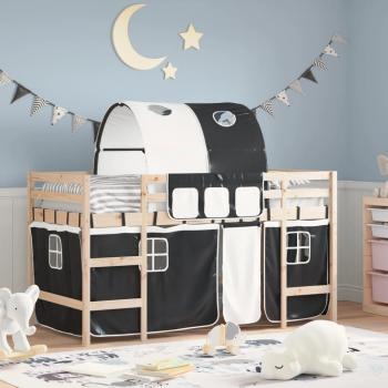 Cama loft con túnel de niños en color blanco y negro, dimensiones 80x200 cm, fabricada en madera de pino