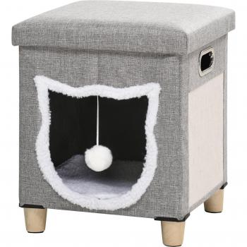PawHut Cama Cueva de Gatos 2 en 1 con Casa para Gatos Interior, Reposapiés, Cojín Extraíble y Juguetes Incluidos
