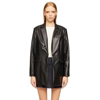 Chaqueta Blazer Amplia de Piel Sintética para Mujer Negra con Abotonadura Simple Otoño Invierno 2023
