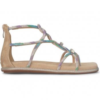 Sandalias Planas Alma En Pena para Mujer en Color Marrón con Puntera Cuadrada y Tiras de Brillos