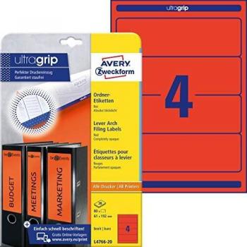Etiquetas para carpetas autoadhesivas rojas Avery Zweckform L4766-20, 192 x 61 mm, 80 etiquetas en 20 hojas