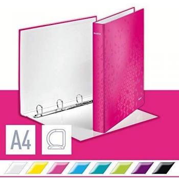 Carpeta de anillas Leitz WOW A4, 4 anillos D de 25 mm, color rosa, cartón duro