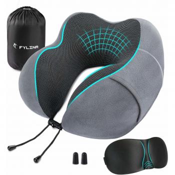 FYLINA Almohada de Viaje Viscoelástica de Espuma de Memoria, Cervical Orthopedic Pillow Almohada de Cuello para el tren de avión viajes con máscara de Ojos, Tapones y bolsa de transporte