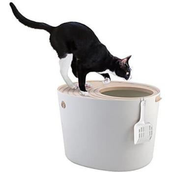 Arenero Cubierto para Gatos Iris Ohyama con Pala - Entrada Superior - 53 x 41 x 37 cm - Blanco/Beige - Hasta 7 kg