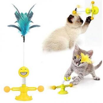 Ossky Juguete para Gato Plumas interactivos para Mascotas con Campana,Gatos Juguete Giratorio para Molino de Viento,Suministros para Gatos-Amarillo
