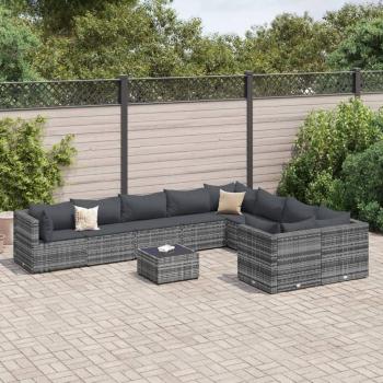 10-Piece Grey Poly Rattan Garden Sofa Set with Cushions