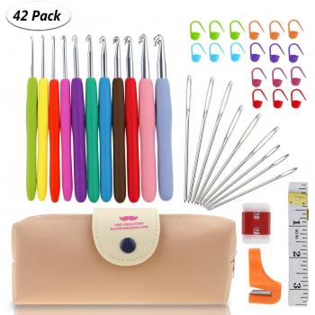 Gifort 42Pcs Agujas de Ganchillo, Ganchillos Crochet, Agujas de Punto Coloridas con Mango de Goma 2-8mm Kit de Ganchillos Accesorios para Tejer en Ganchillo Proyectos, Bolsa Aleatoria