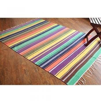 Alfombra de tejido reversible tejido 100% algodón orgánico con tintes vegetales. Estampado a rayas multicolor. Tapete. Medidas: 150x210cm