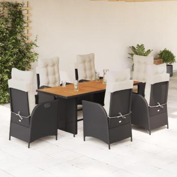 7-Piece Black Poly Rattan Garden Dining Set with Cushions