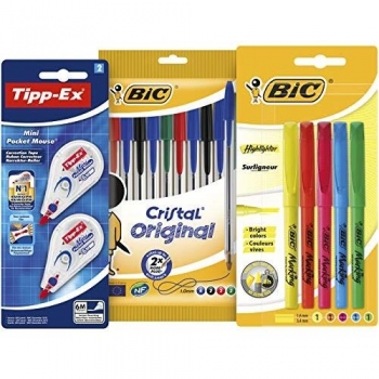 BIC y Tipp-Ex Vuelta al Cole, 10 Boligrafos Surtidos, 5 Subrayadores Fluorescentes y 2 Cintas Correctoras