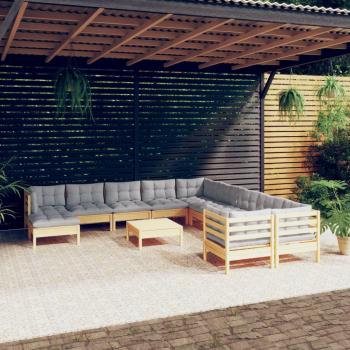 12 Piece Pinewood Garden Lounge Set with Gray Cushions