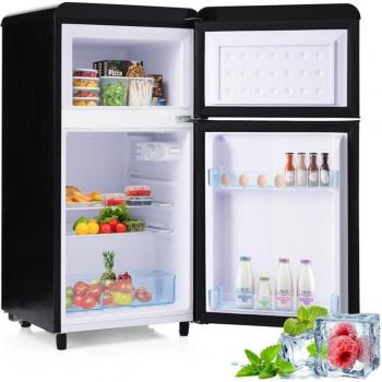 Frigorífico Retro Negro con Iluminación LED, 72 Litros Total, Congelador de 21 Litros, 120 kWh/año, Clase E, Nivel Sonoro 39 dB