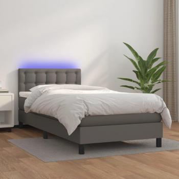 Cama box spring de muelles con colchón y LED cuero sintético gris 90x200 cm