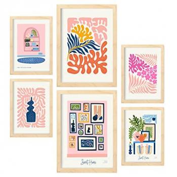 Set de 6 Pósters Minimalistas en Colores Pastel con Marcos Negros para Decoración de Interiores - Tamaños A3 y A4, Paisajes y Naturaleza