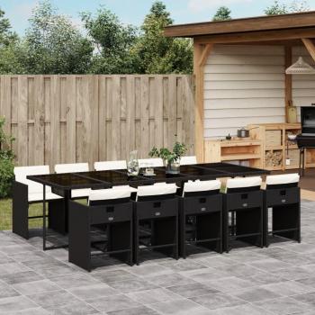 11-Piece Black Poly Rattan Garden Dining Set with Cushions